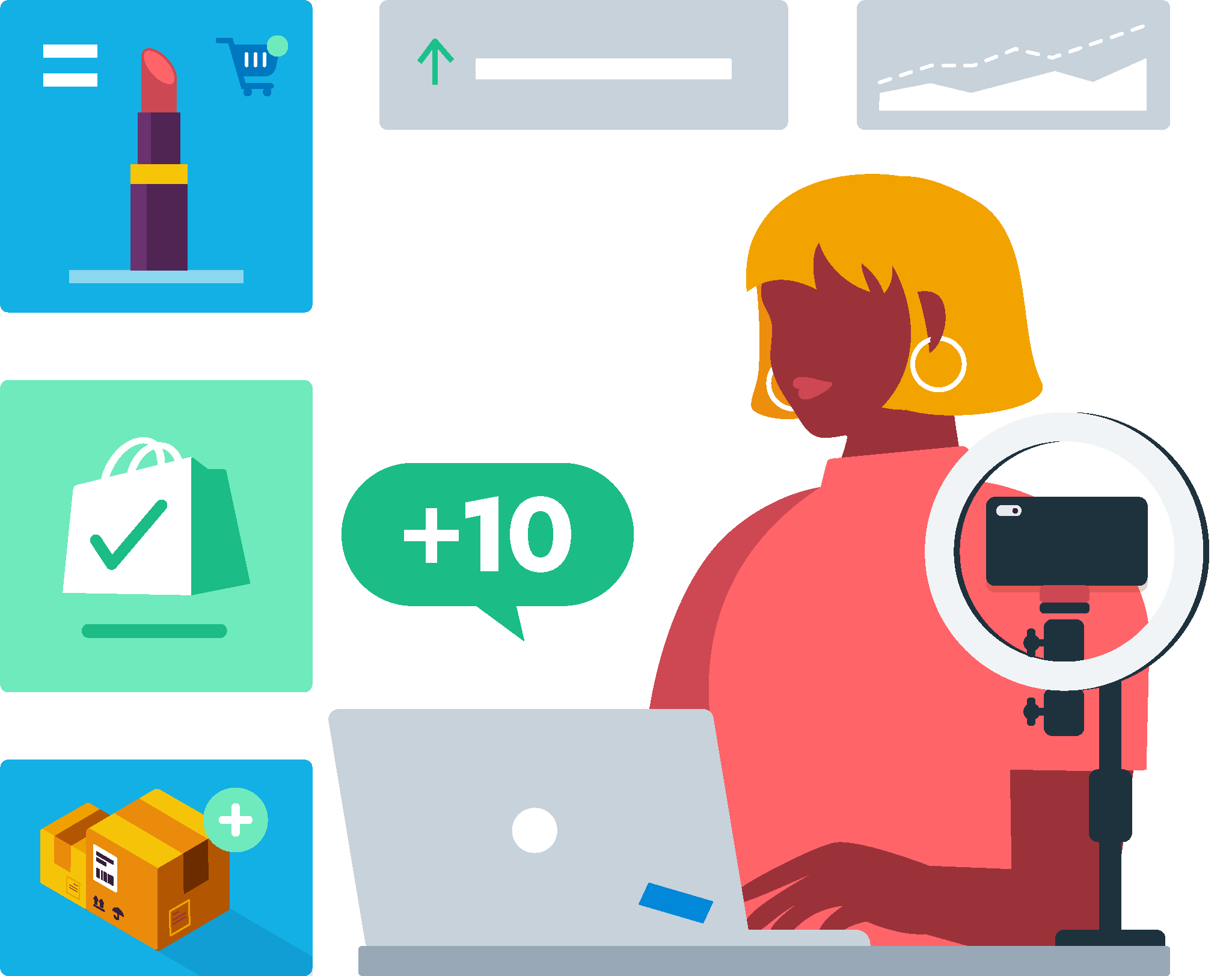 Person working on a laptop with shopping, delivery, and analytics icons, representing online stock management and inventory 